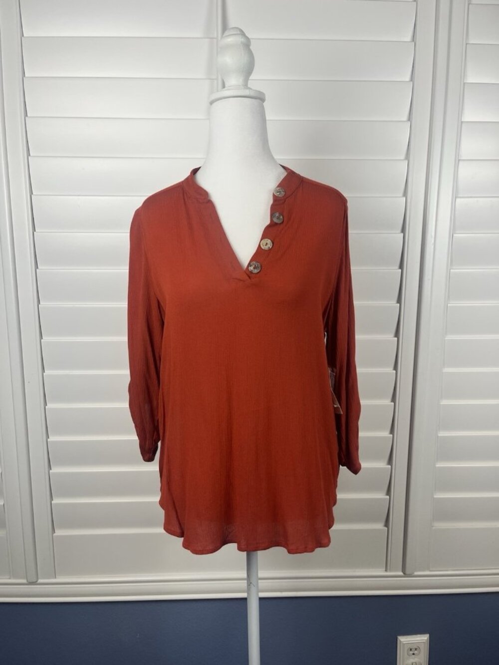 New Directions Petite Rust Orange Button Front Tunic Blouse Petite Medium